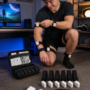 FBTKit trackers worn with straps in a VR creator setup