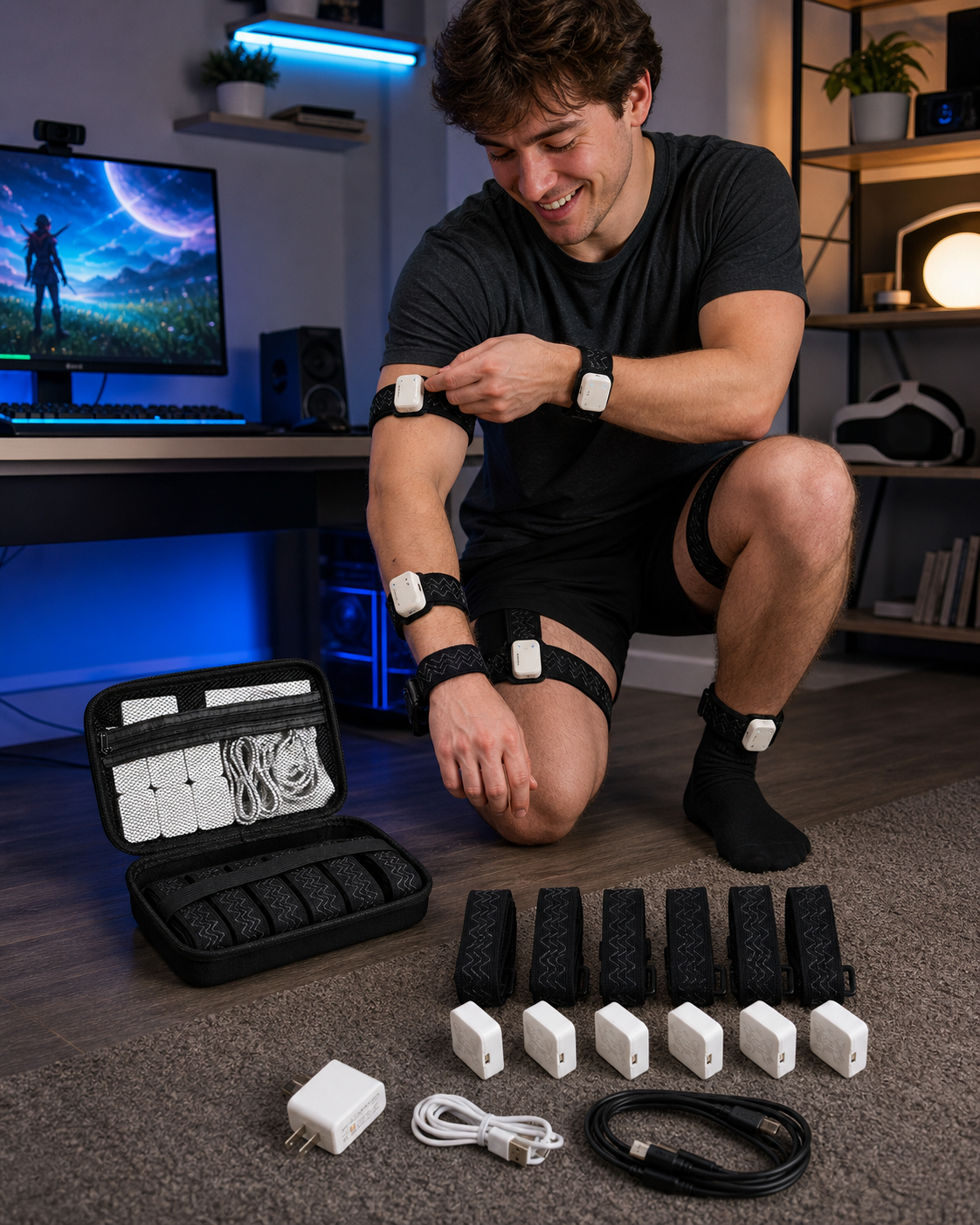 FBTKit trackers worn with straps in a VR creator setup