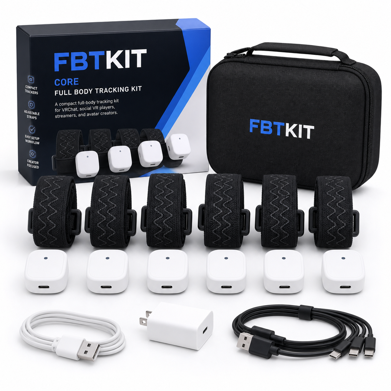 FBTKit full body tracking kit with trackers, straps, carrying case, power adapter, and charging cables
