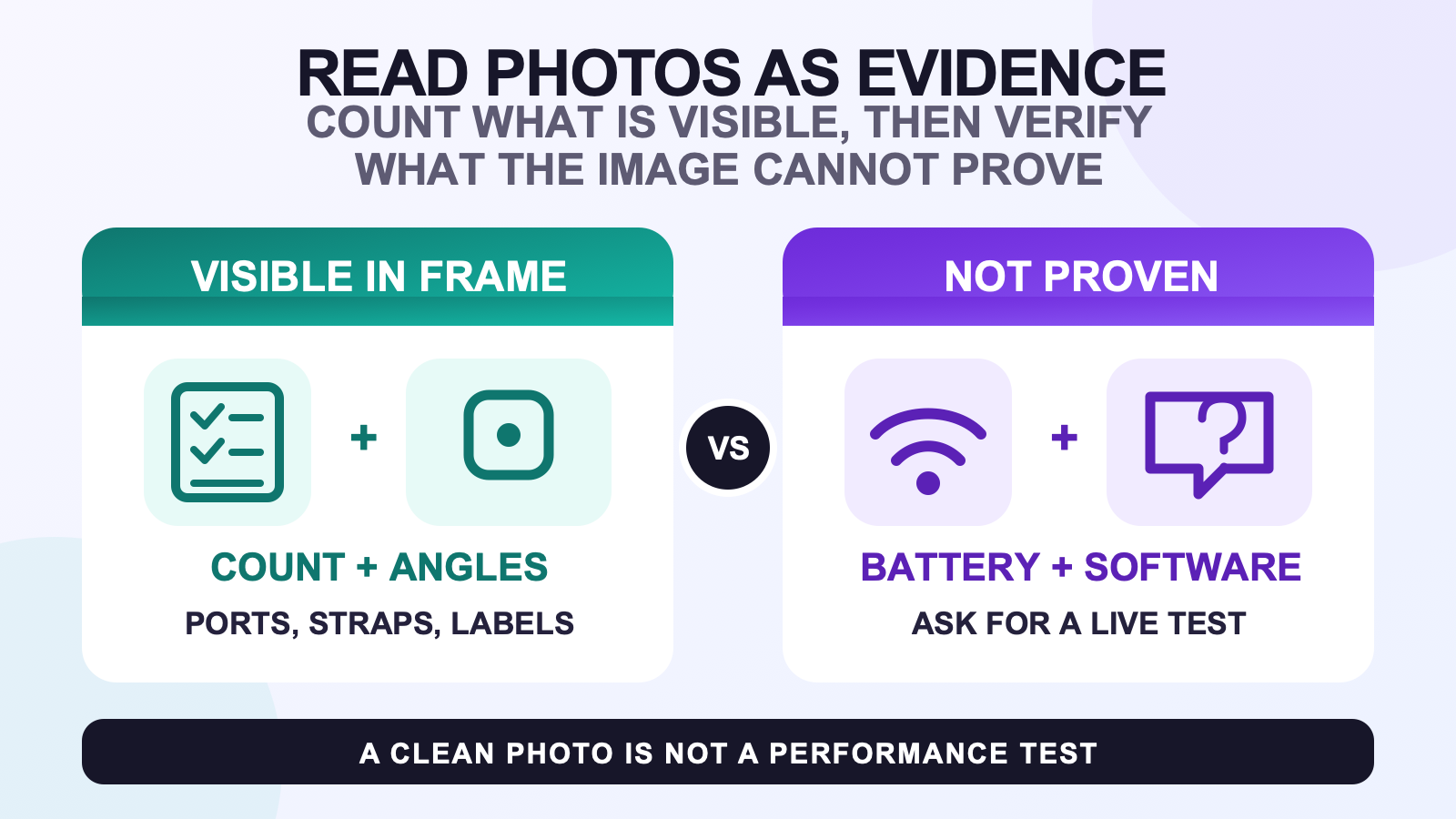 Comparison showing which full body tracking product details are visible in photos and which battery or software claims require other evidence