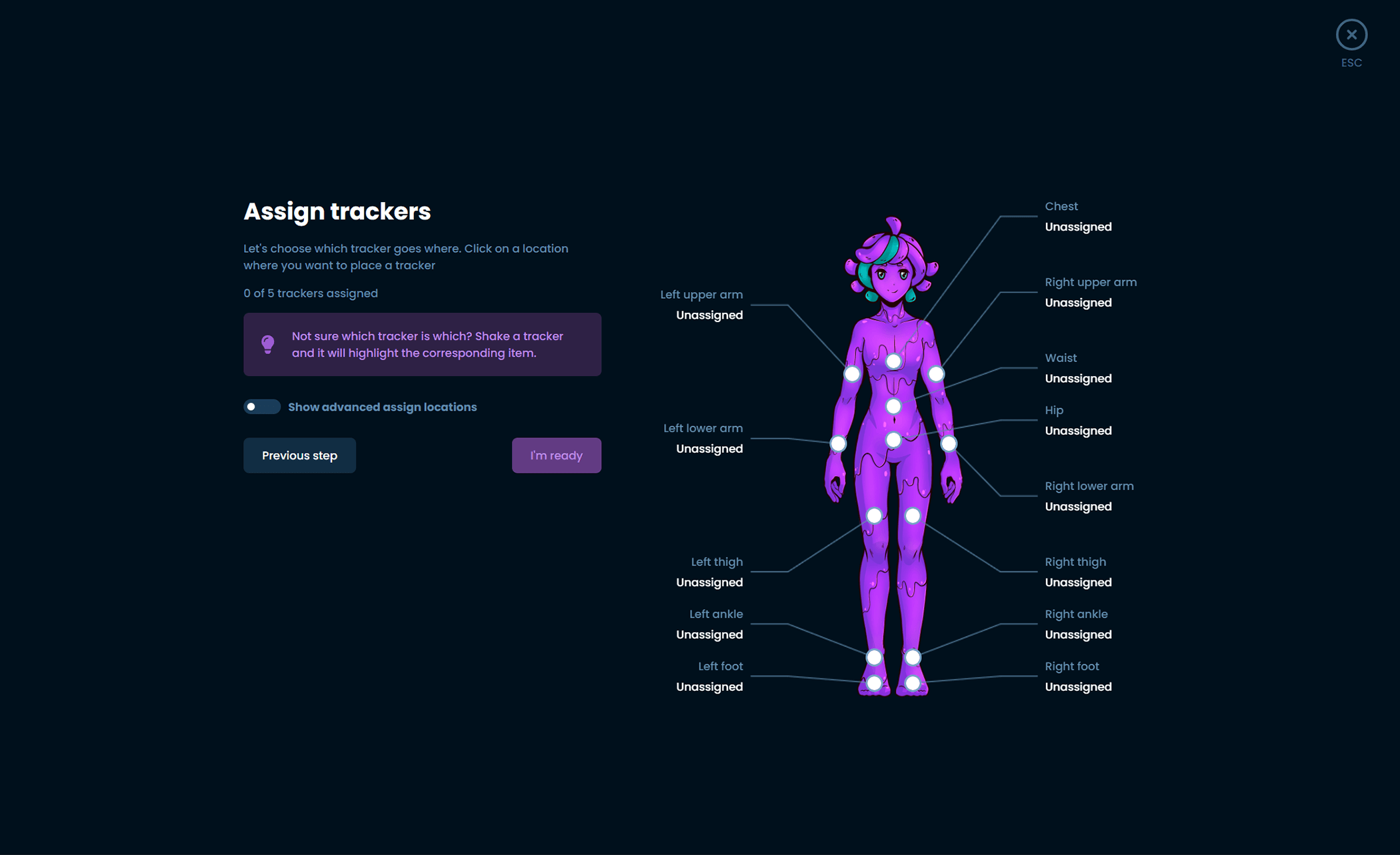 Official SlimeVR assignment screen showing separate Chest, Waist, Hip, thigh, ankle and foot locations