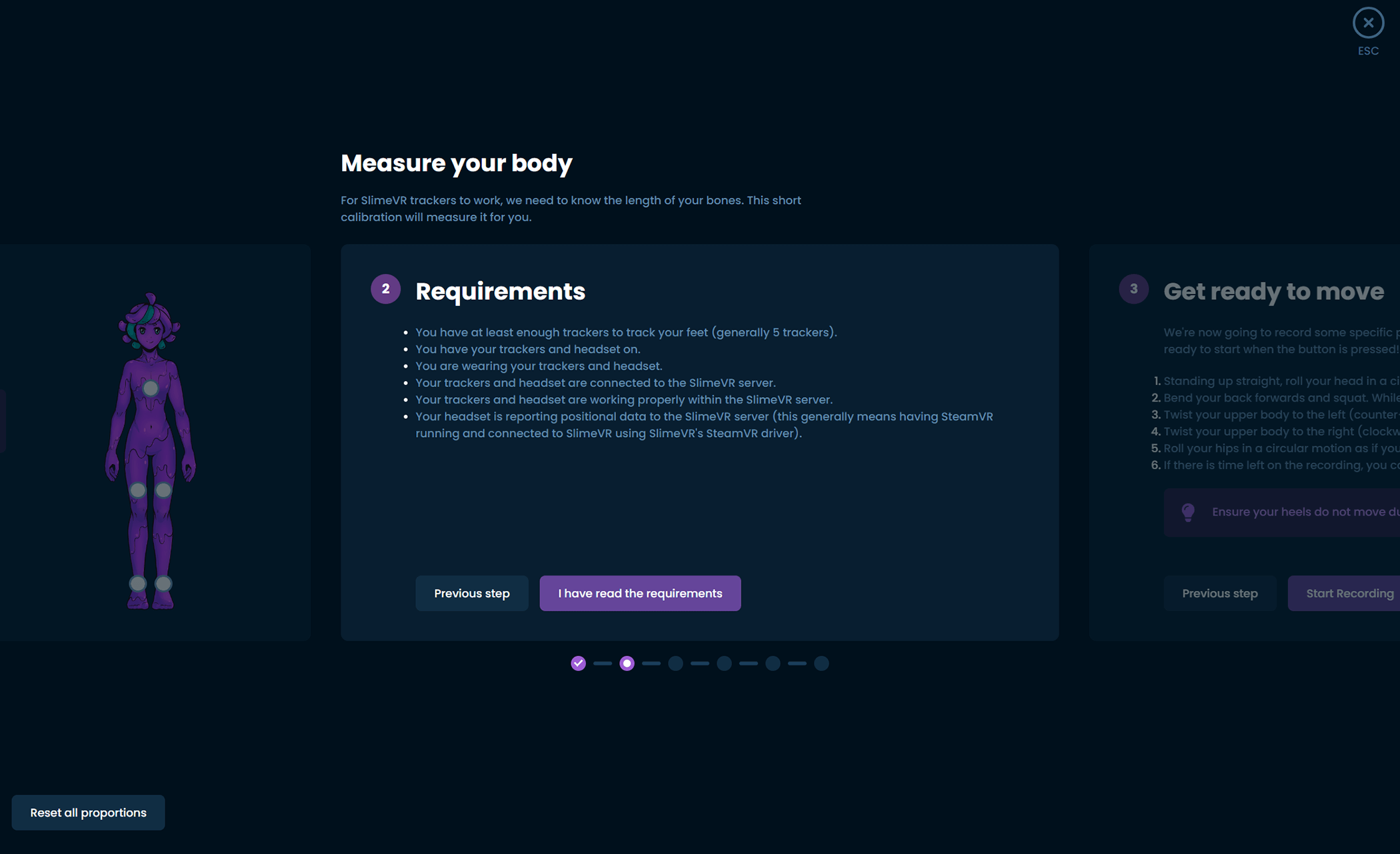 Official SlimeVR automatic body proportions calibration screen