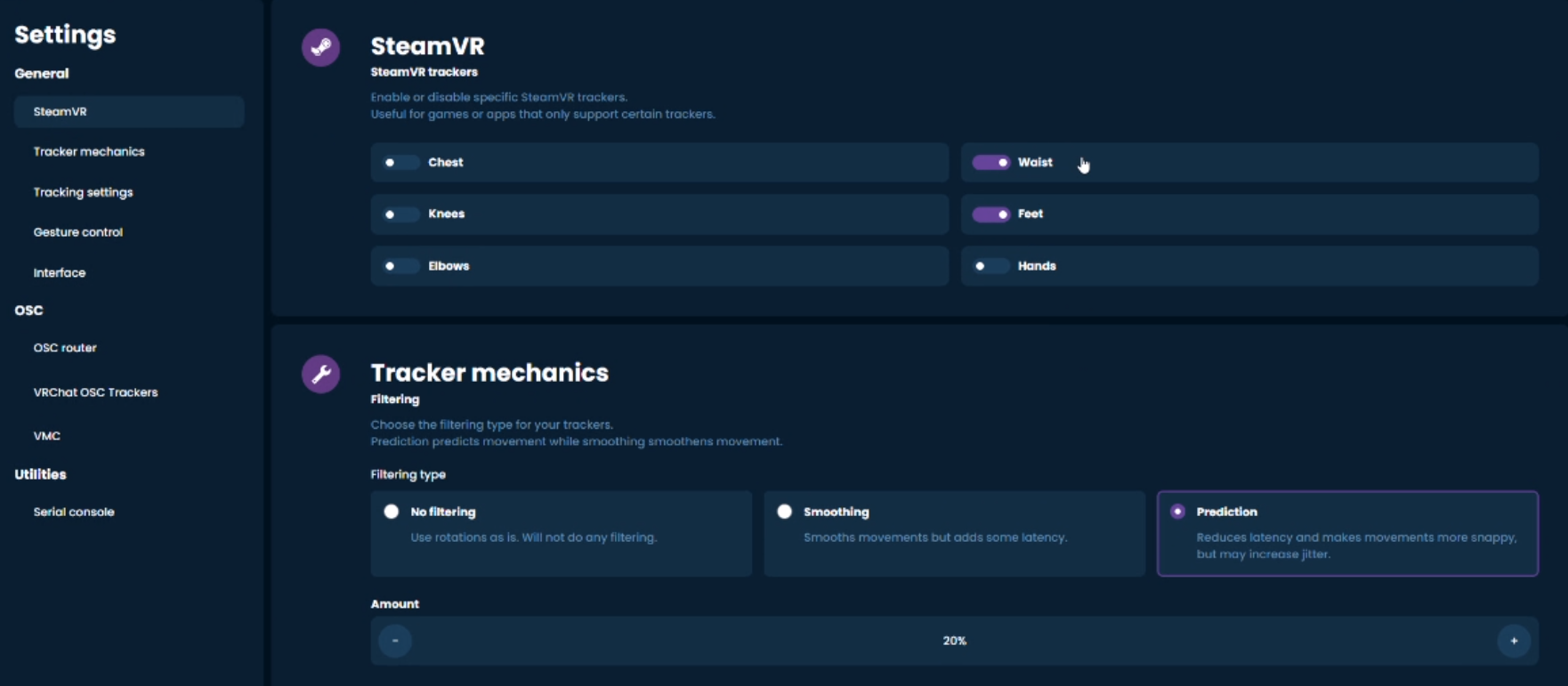 Official SlimeVR settings showing virtual SteamVR tracker outputs