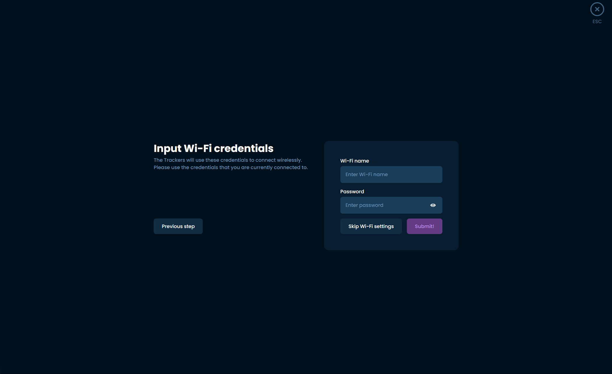 Official SlimeVR wizard screen with Wi-Fi network name and password fields